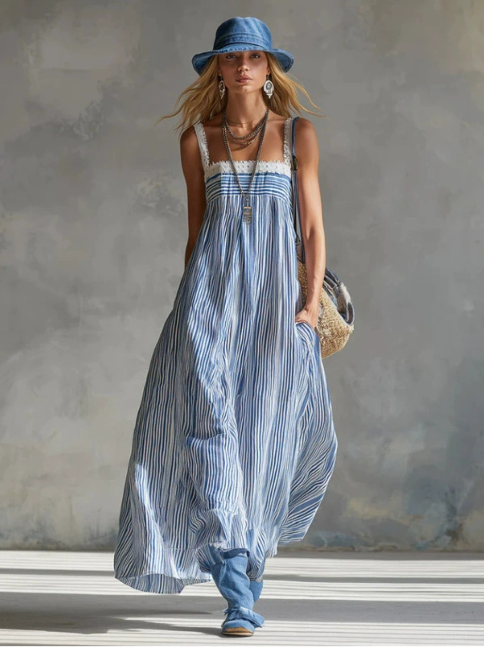 H&M  Womens Elegant Lace Trim Blue Striped Square Neck Maxi Dress